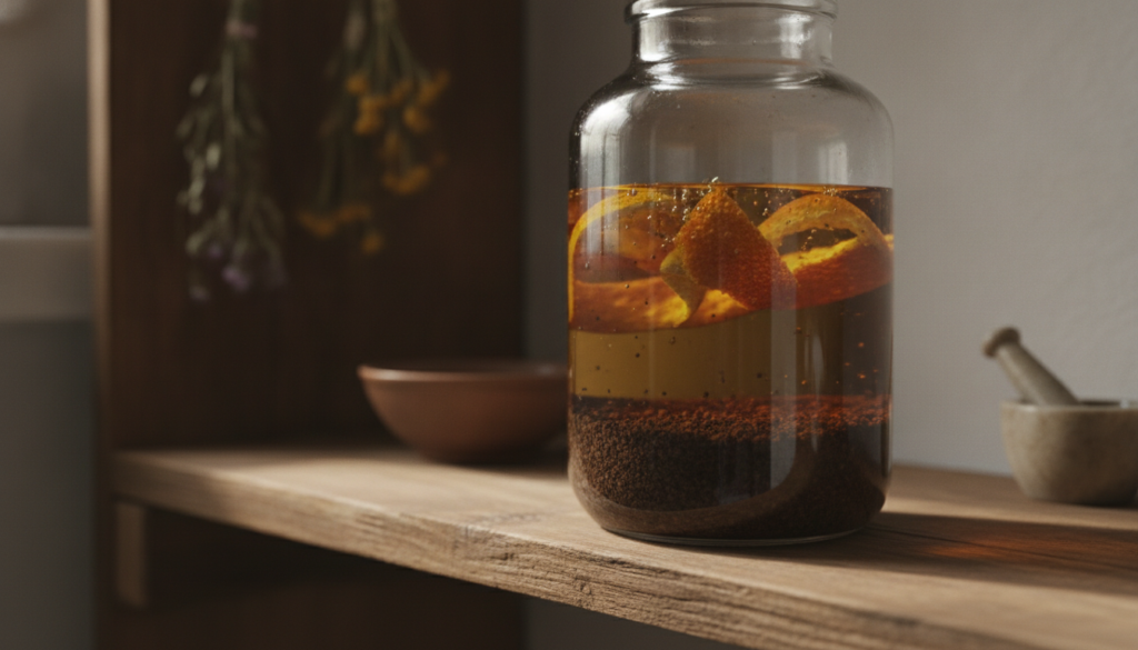 A close-up shot of a glass jar filled with coffee grounds orange peels and golden carrier oil infusing in a cool dark pl
