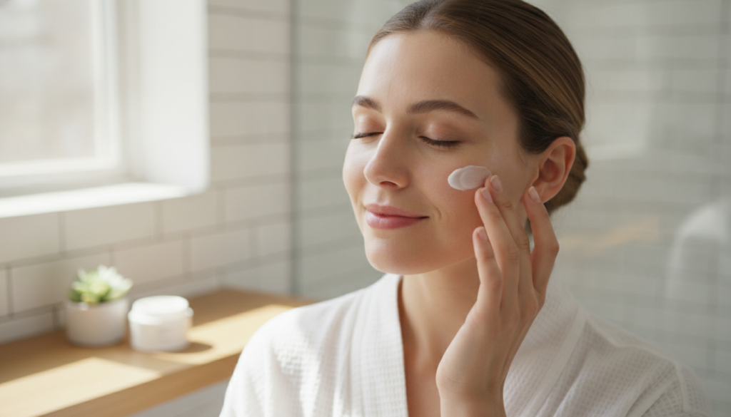 A woman gently applying a small amount of a homemade face cream to her cheek with her fingertips in a well-lit bathroom 
