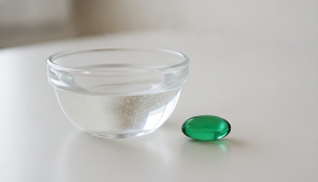 Close-up of a small glass bowl with melted coconut oil and a single Vitamin E capsule ready to be added to a beauty mixt
