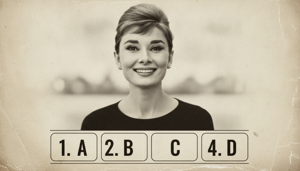 A vintage-style multiple-choice quiz image featuring a black and white portrait of a classic Hollywood actress with four