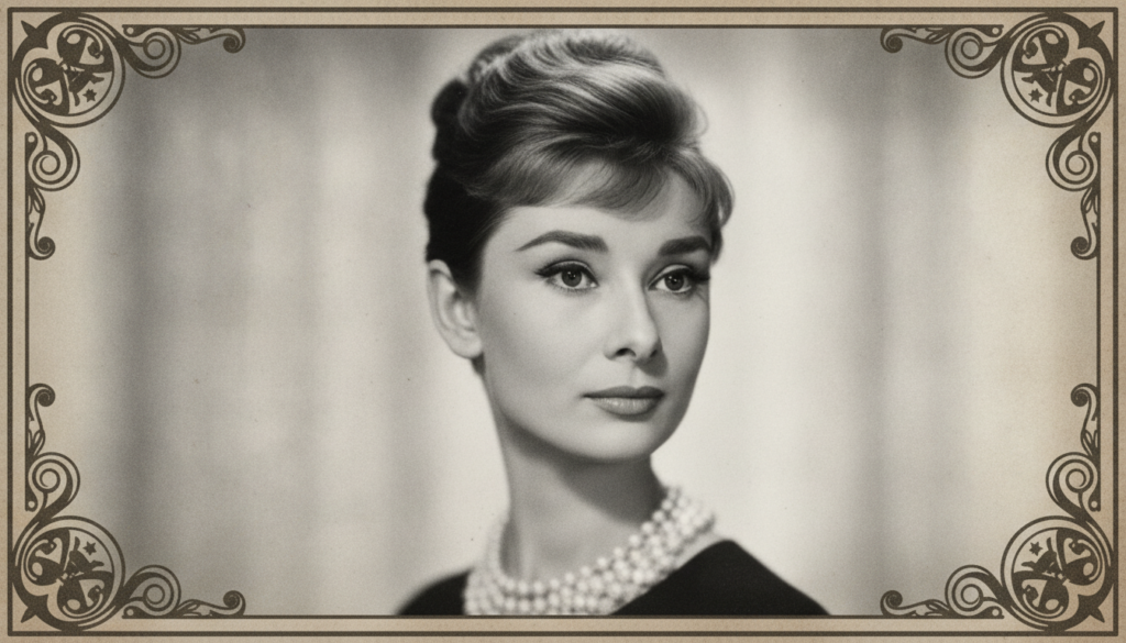 A black and white close-up portrait of Audrey Hepburn from a classic Hollywood era quiz