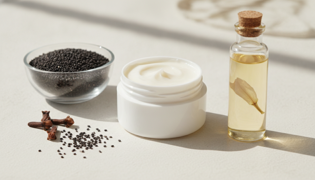 Close-up of ingredients Vaseline jar small bowl of black seeds dried cloves and a bottle of natural botanical oil