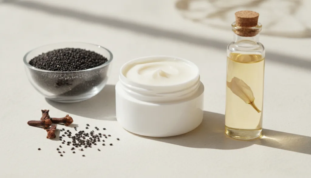 Close-up of ingredients Vaseline jar small bowl of black seeds dried cloves and a bottle of natural botanical oil