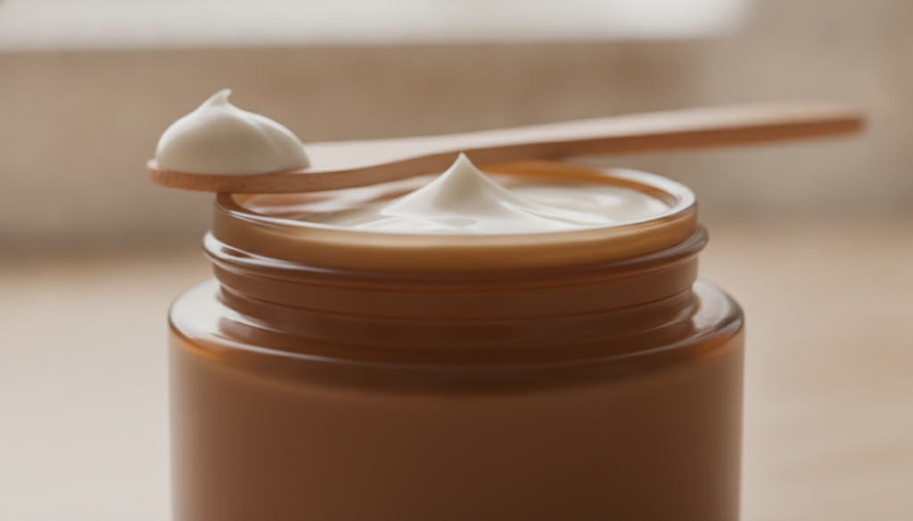 A small elegant glass jar filled with the finished homemade collagen-supporting night cream with a smooth creamy texture