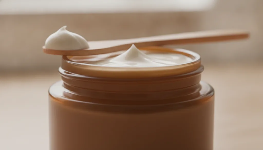 A small elegant glass jar filled with the finished homemade collagen-supporting night cream with a smooth creamy texture