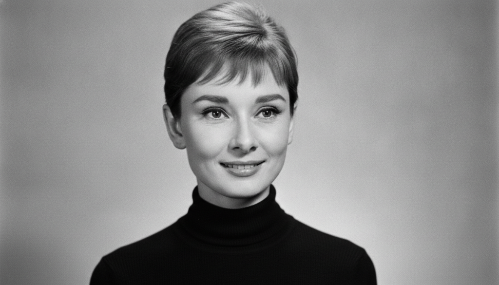 A black and white portrait of a classic Hollywood actress smiling gently