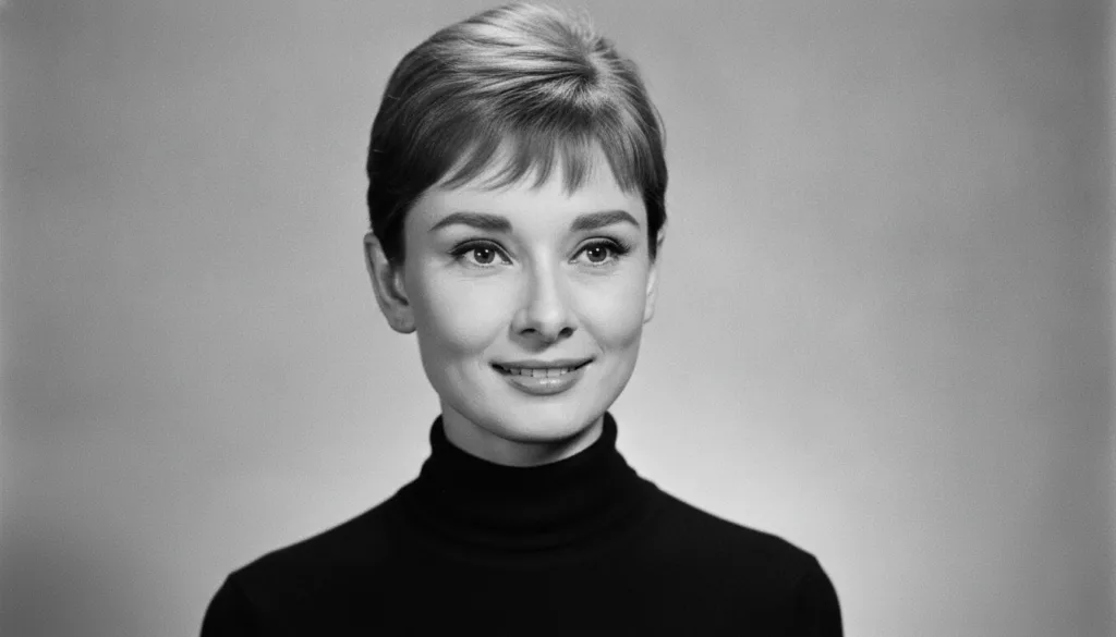 A black and white portrait of a classic Hollywood actress smiling gently
