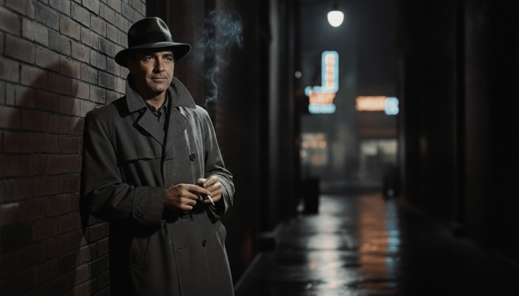 Humphrey Bogart in a classic film pose perhaps from Casablanca or The Maltese Falcon