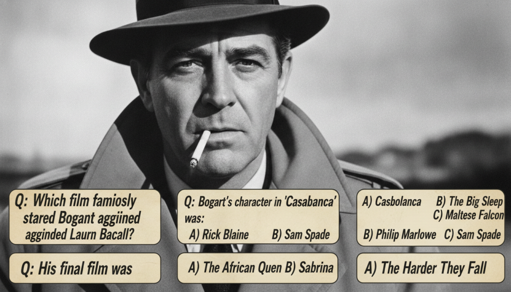 A black and white multiple-choice quiz image featuring a close-up portrait of Humphrey Bogart with four options below