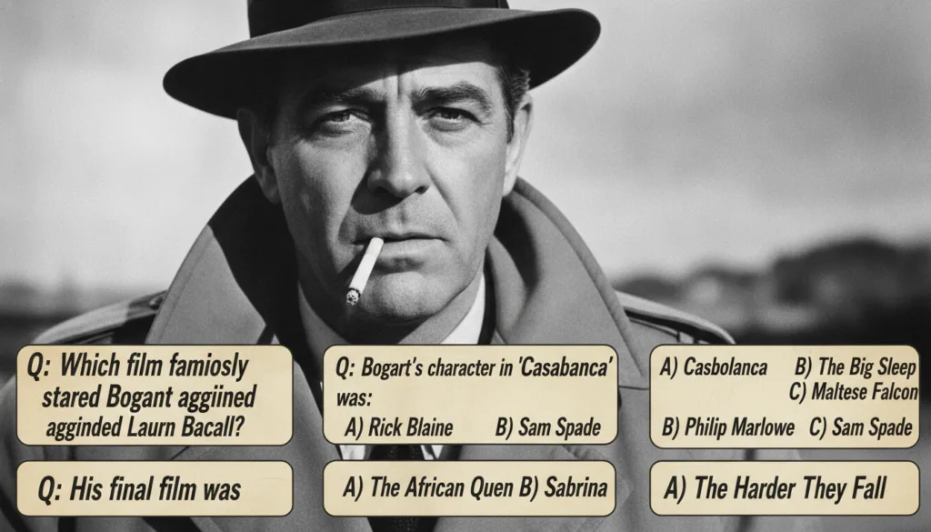 A black and white multiple-choice quiz image featuring a close-up portrait of Humphrey Bogart with four options below