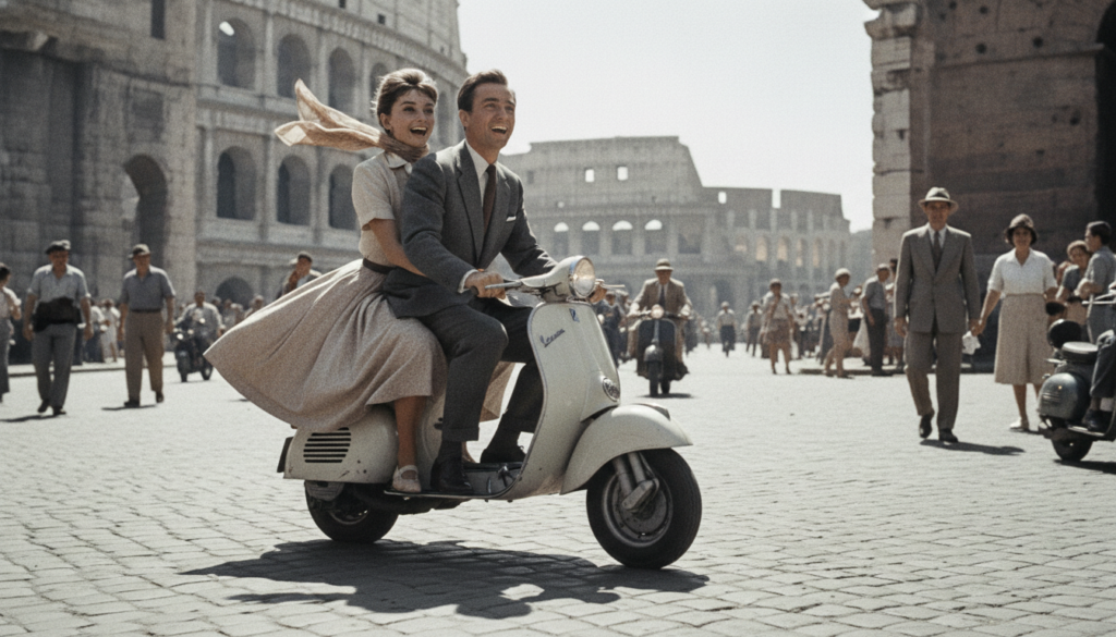 Audrey Hepburn and Gregory Peck riding a Vespa in Rome from Roman Holiday