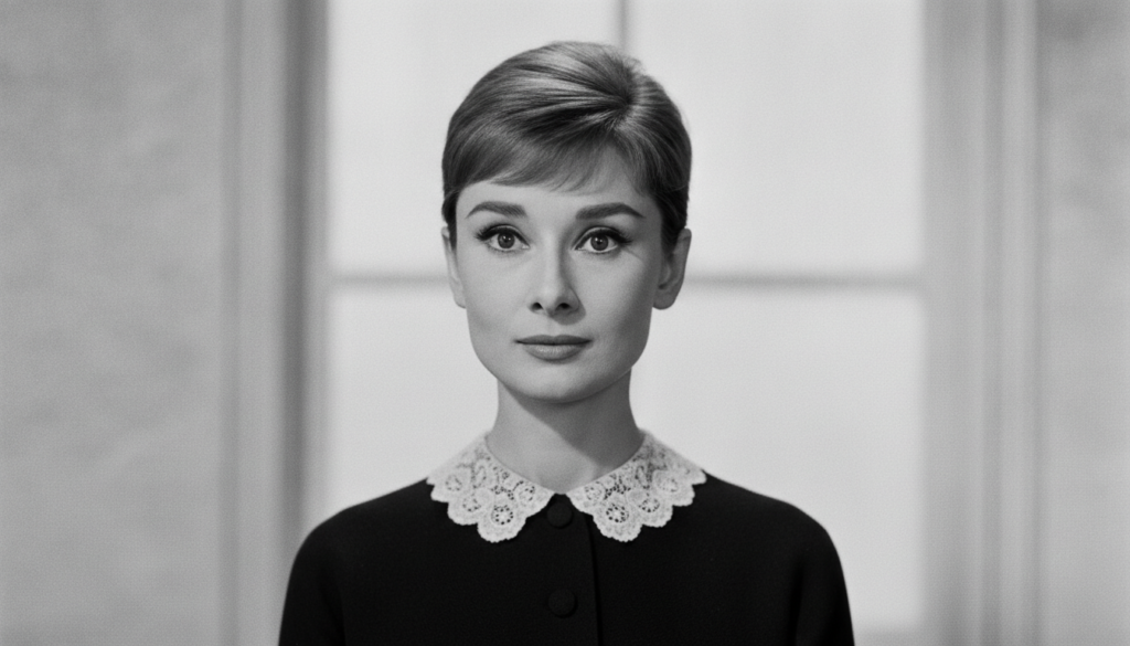 Black and white portrait of Audrey Hepburn with her classic gamine look