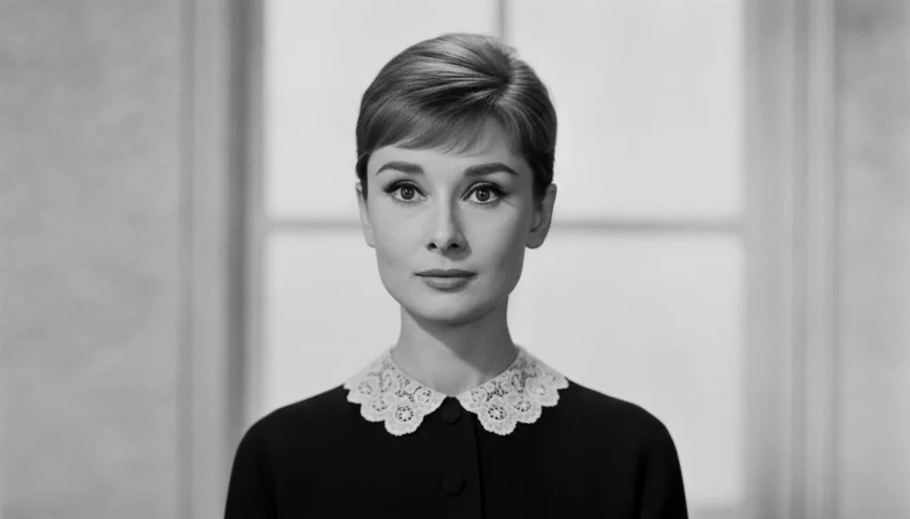 Black and white portrait of Audrey Hepburn with her classic gamine look