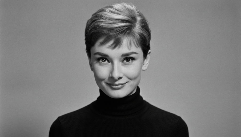 Black and white portrait of a young Audrey Hepburn looking elegant and slightly mischievous
