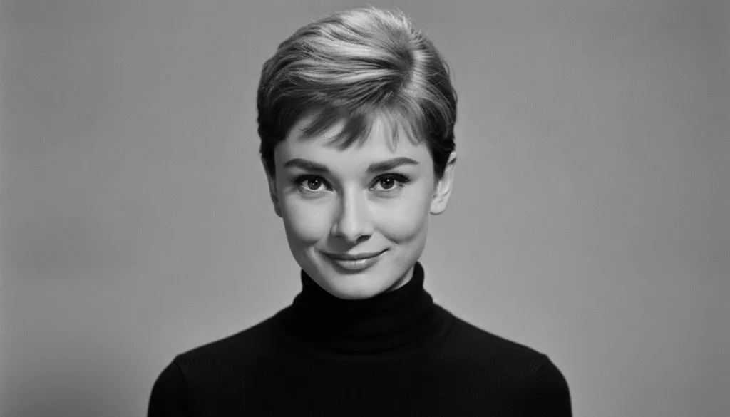 Black and white portrait of a young Audrey Hepburn looking elegant and slightly mischievous