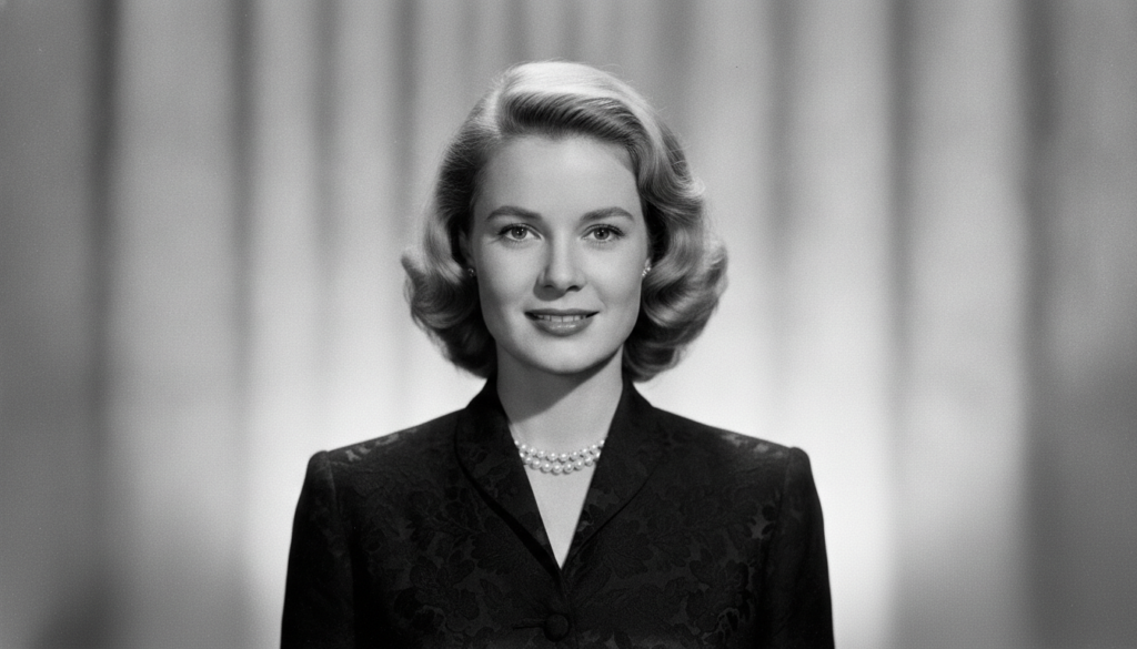 A black and white portrait of a glamorous classic Hollywood actress possibly Grace Kelly with a quizzical overlay or mul