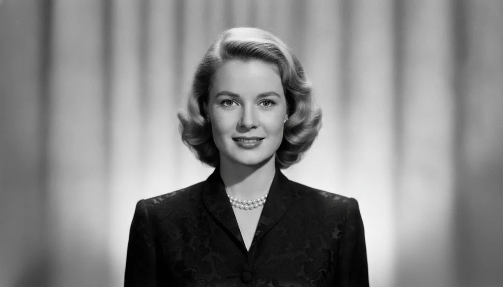 A black and white portrait of a glamorous classic Hollywood actress possibly Grace Kelly with a quizzical overlay or mul