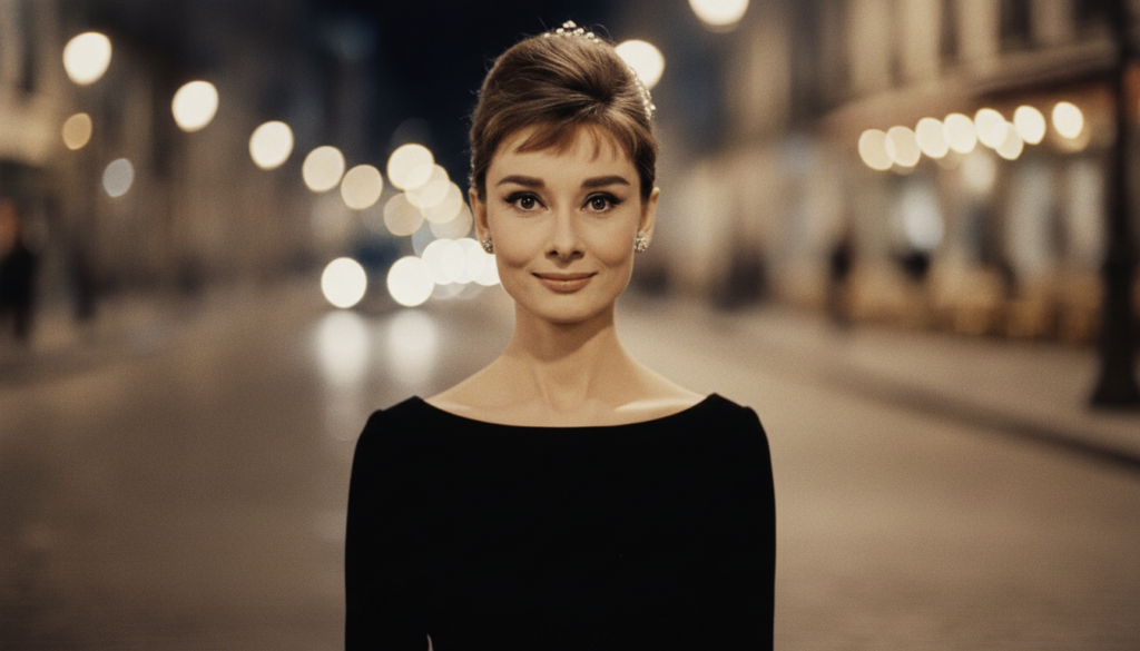 A headshot of Audrey Hepburn smiling elegantly against a soft-focus background of a romantic Parisian street at night wi