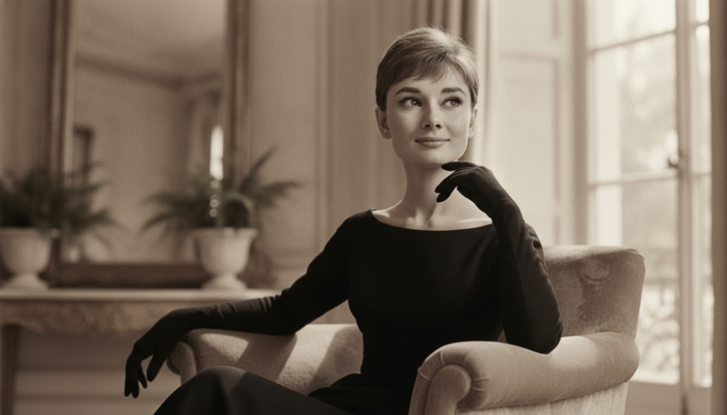 A young Audrey Hepburn in her early acting career looking elegant and hopeful