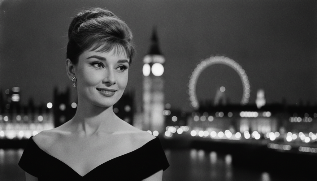 A quiz image featuring a glamorous black and white portrait of Audrey Hepburn set against a blurred background of a shim