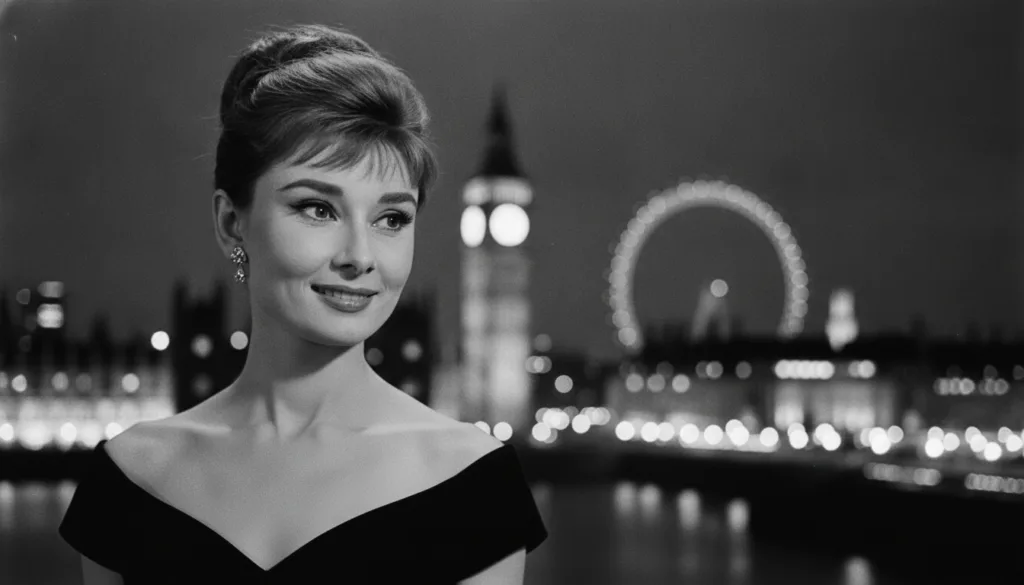 A quiz image featuring a glamorous black and white portrait of Audrey Hepburn set against a blurred background of a shim