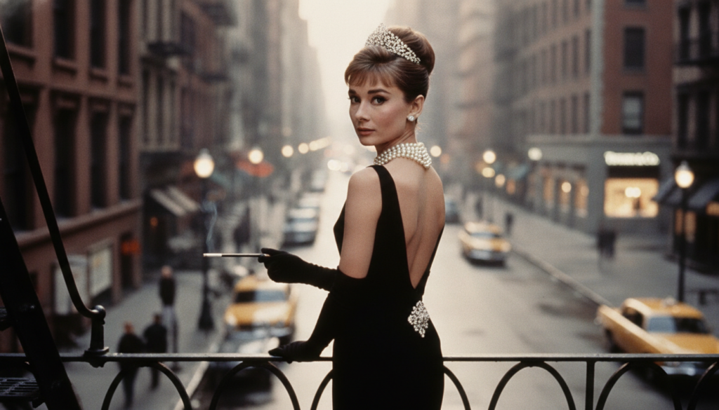 Audrey Hepburn as Holly Golightly in Breakfast at Tiffany s wearing a black dress and pearls