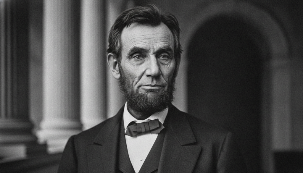 A close-up black-and-white portrait of Abraham Lincoln showing his distinctive beard and serious expression against a vi