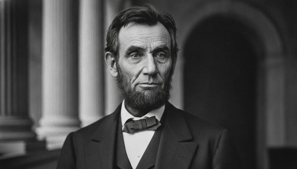A close-up black-and-white portrait of Abraham Lincoln showing his distinctive beard and serious expression against a vi