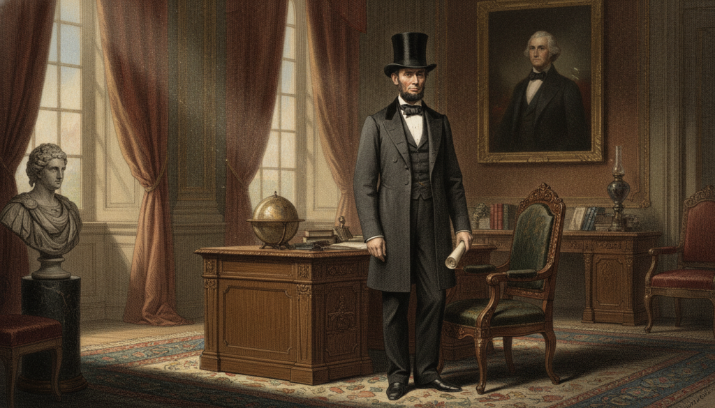 A full-length historical illustration of Abraham Lincoln wearing a top hat and a long coat standing resolutely