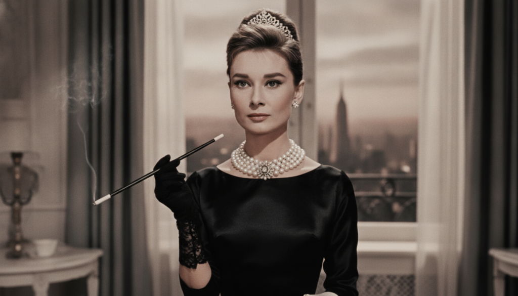 Audrey Hepburn as Holly Golightly in Breakfast at Tiffany s wearing a black dress pearls and a tiara holding a cigarette