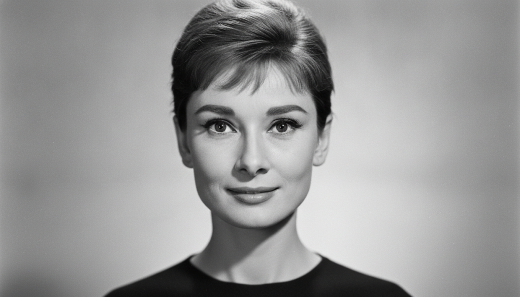 Black and white close-up portrait of Audrey Hepburn slightly smiling with her signature elegant look