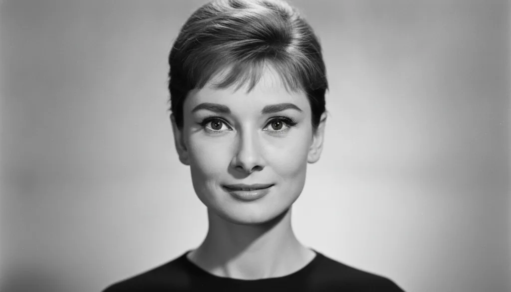 Black and white close-up portrait of Audrey Hepburn slightly smiling with her signature elegant look
