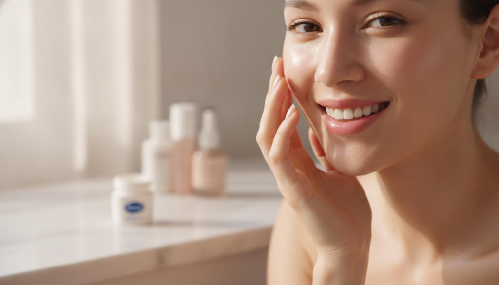 A close-up of a smiling woman with glowing smooth glass skin gently touching her cheek with a small jar of Vaseline blur