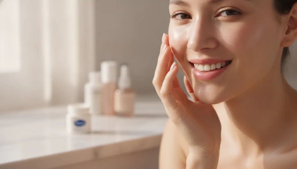 A close-up of a smiling woman with glowing smooth glass skin gently touching her cheek with a small jar of Vaseline blur