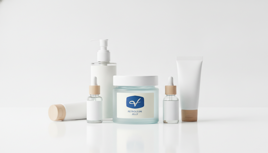 A stylized jar of Vaseline petroleum jelly placed among clean simple skincare products on a white surface with a focus o