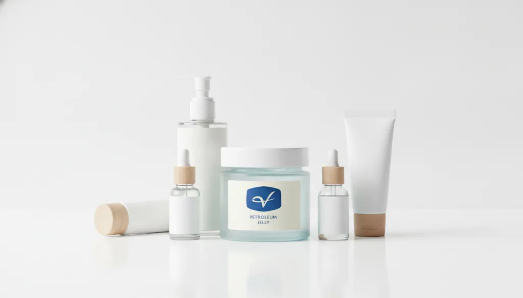 A stylized jar of Vaseline petroleum jelly placed among clean simple skincare products on a white surface with a focus o