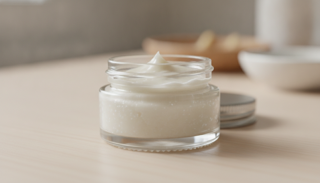 A small clear glass jar filled with the freshly made Vaseline and crushed tablet balm with a smooth creamy texture