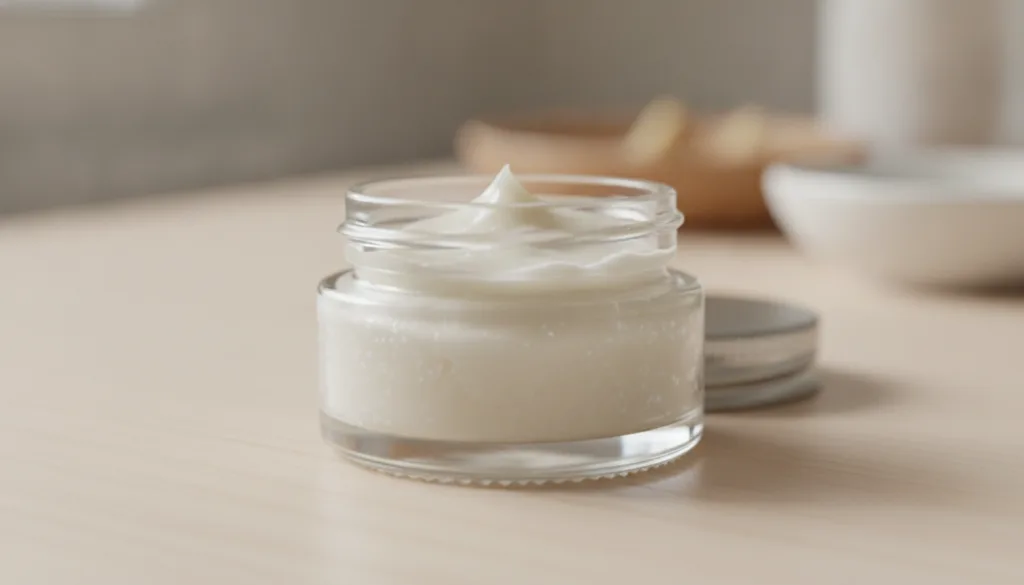 A small clear glass jar filled with the freshly made Vaseline and crushed tablet balm with a smooth creamy texture