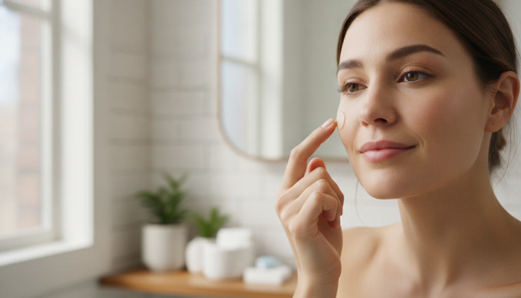 A woman gently applying a small amount of the homemade balm to her cheek near her eye with a soft natural expression