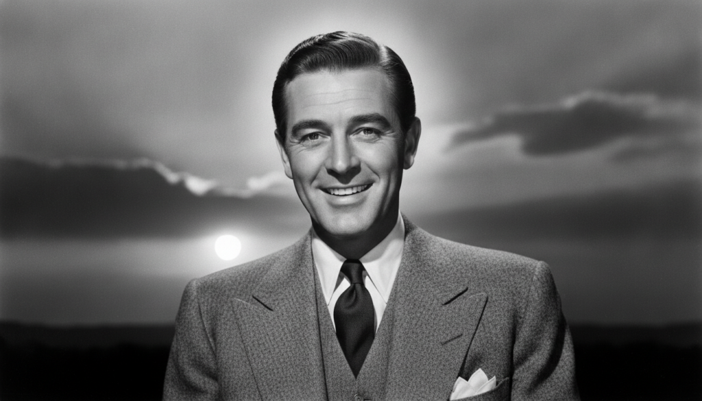 A black and white image of a charismatic classic Hollywood actor resembling Cary Grant framed against a bright sunset ba