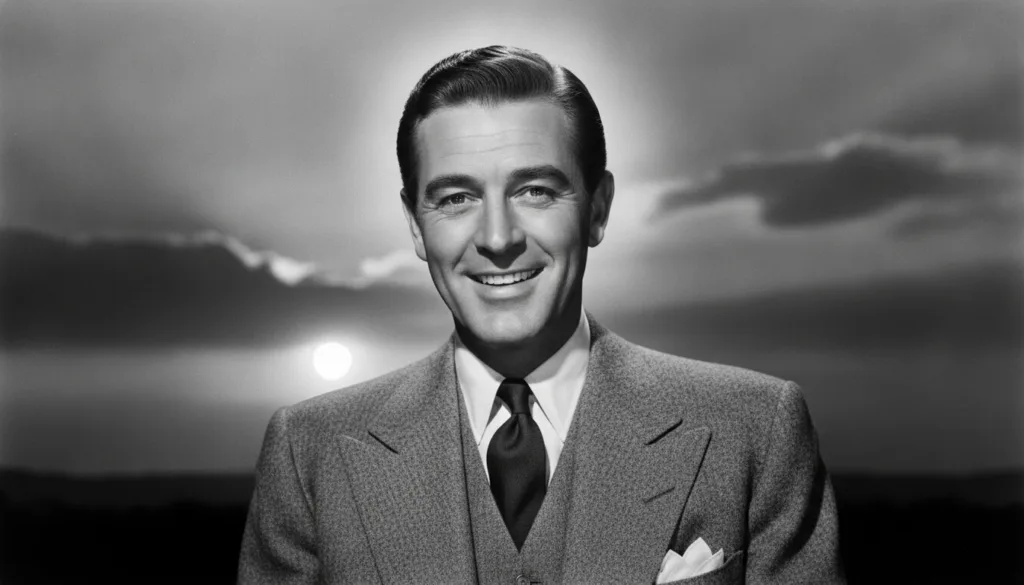 A black and white image of a charismatic classic Hollywood actor resembling Cary Grant framed against a bright sunset ba