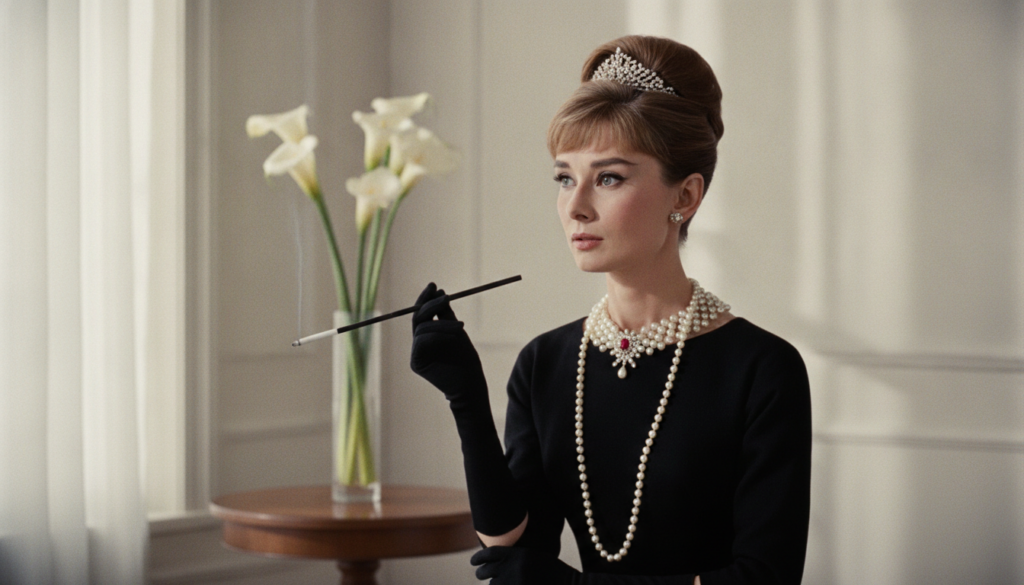Audrey Hepburn in her iconic black dress pearls and tiara from the movie Breakfast at Tiffany s holding a cigarette hold