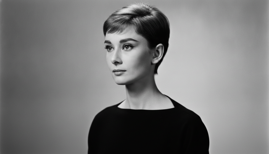 A striking black and white portrait of a young Audrey Hepburn looking elegant and serene possibly from the 1950s She has