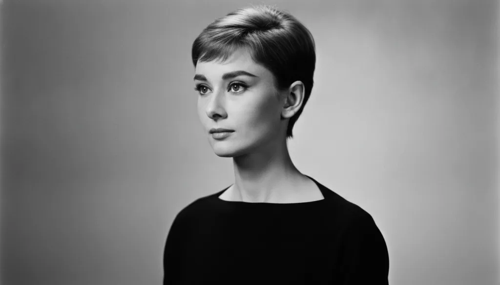 A striking black and white portrait of a young Audrey Hepburn looking elegant and serene possibly from the 1950s She has