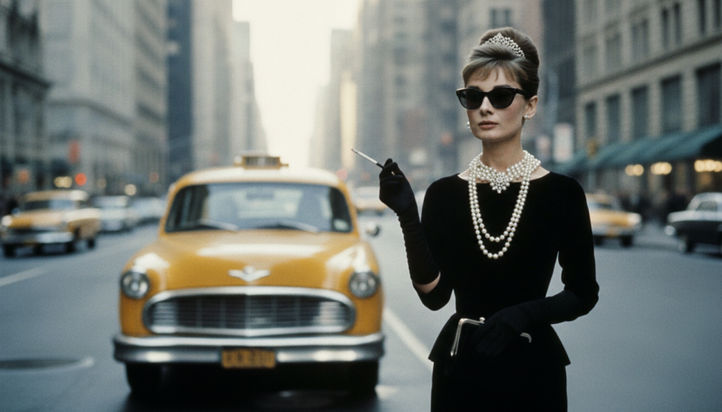 Audrey Hepburn as Holly Golightly in Breakfast at Tiffany s wearing her iconic black dress and pearl necklace