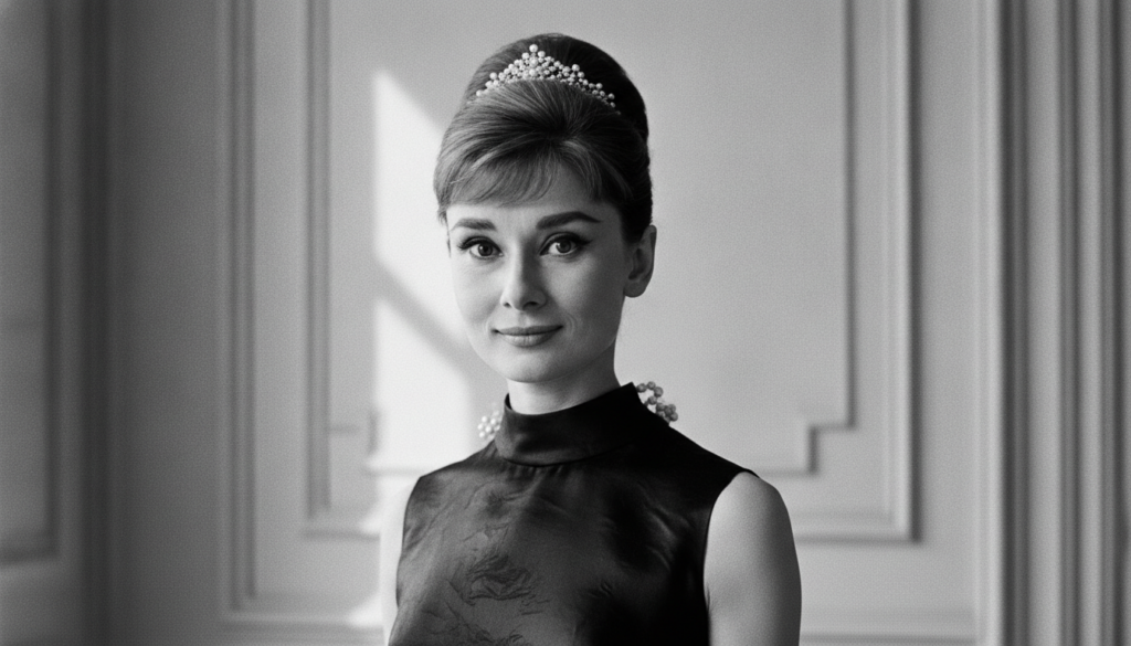 A black and white portrait of Audrey Hepburn in a quiz format with multiple choice options