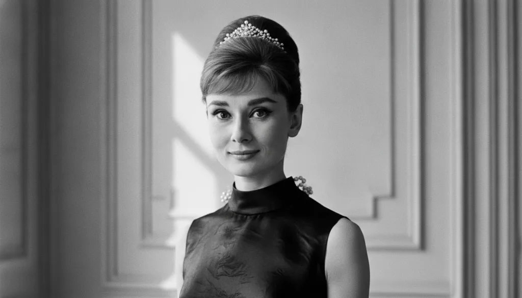 A black and white portrait of Audrey Hepburn in a quiz format with multiple choice options