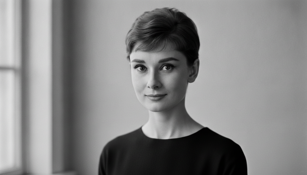 A black and white close-up portrait of a young Audrey Hepburn smiling elegantly as if she is the subject of a quiz