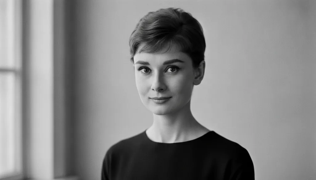 A black and white close-up portrait of a young Audrey Hepburn smiling elegantly as if she is the subject of a quiz