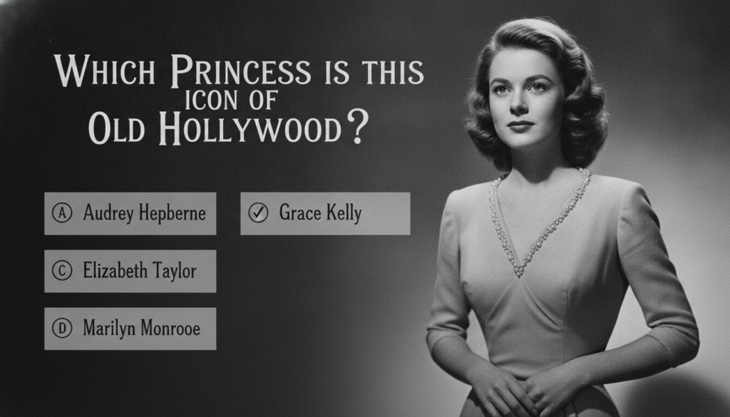 A multiple-choice quiz image showing a black and white portrait of Grace Kelly with four options below it